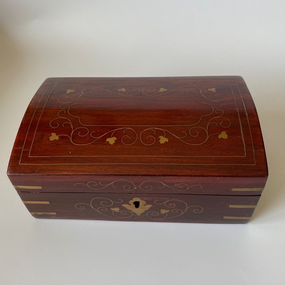 Vintage Jewelry Box Wood with Inlaid Brass Decor - Picture 1 of 10